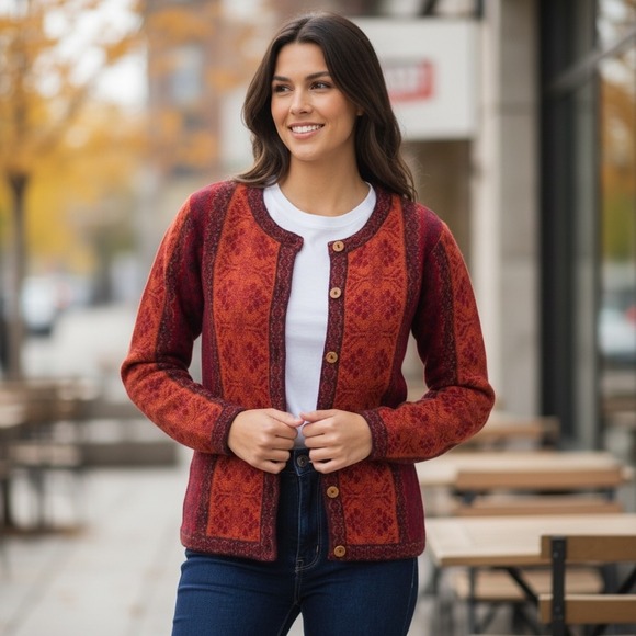 100% Alpaca Wool Bohemian Tribal Cardigan Andean Poinsettia...